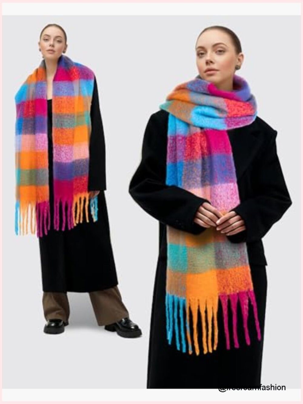 Warm Chunky Knit Blanket Scarf - Oversized Winter Wrap with Fringes - Picture 5 of 7